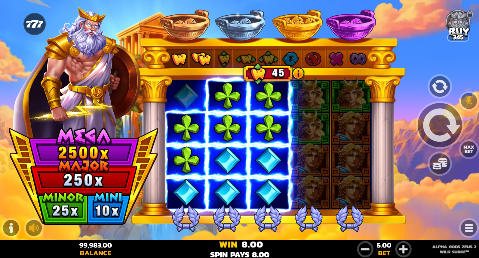 Alpha Gods Zeus 2 Wild Surge base game showing 5x4 reel grid with Zeus and goddess symbols