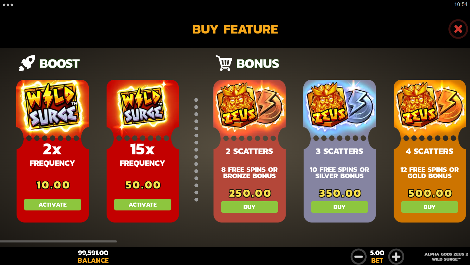 Alpha Gods Zeus 2 Wild Surge Bonus Buy options screen showing purchasable Free Spins and UpZones bonuses