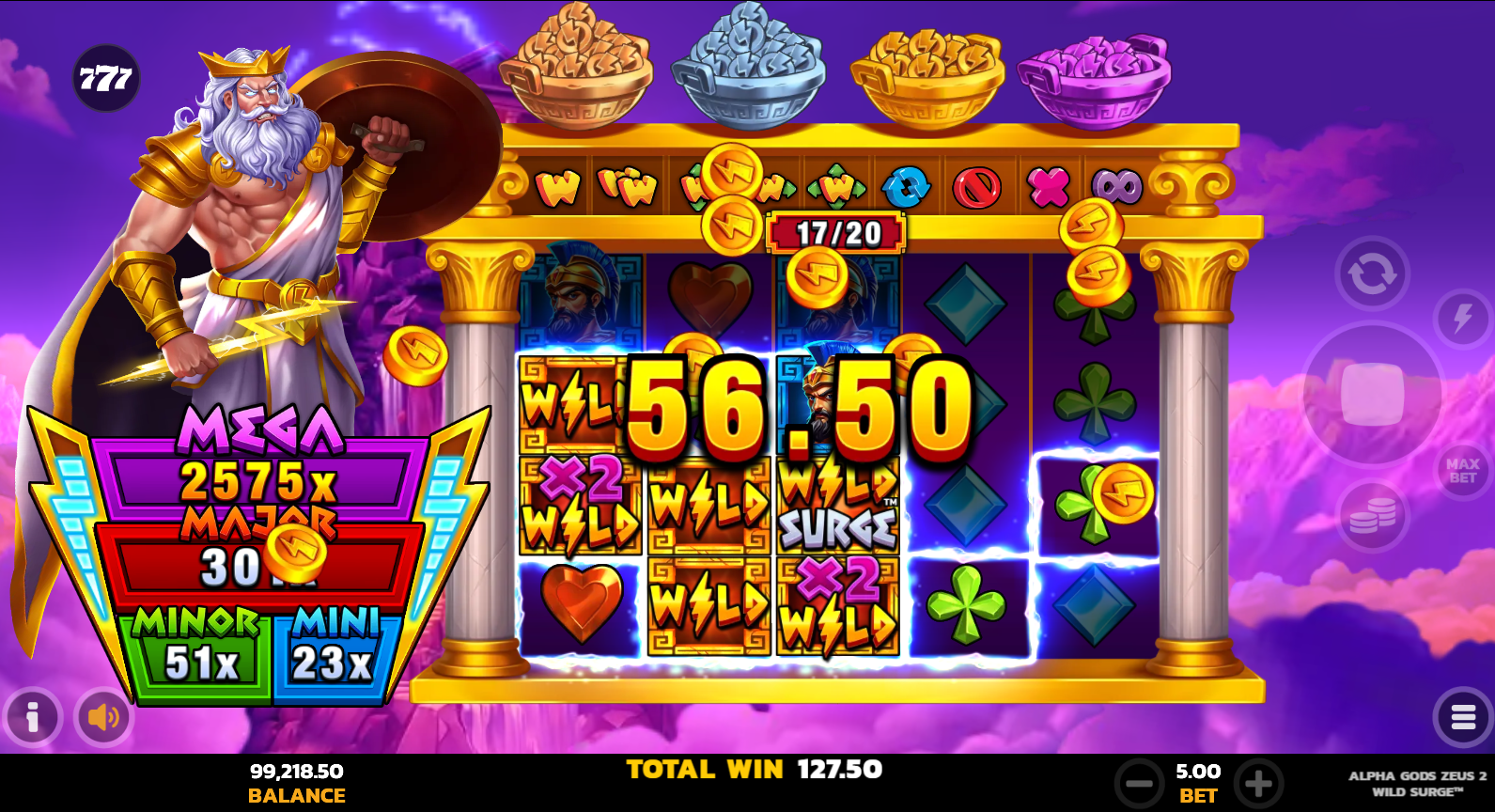Alpha Gods Zeus 2 Wild Surge bonus feature in play with Wild Surge activations during Free Spins