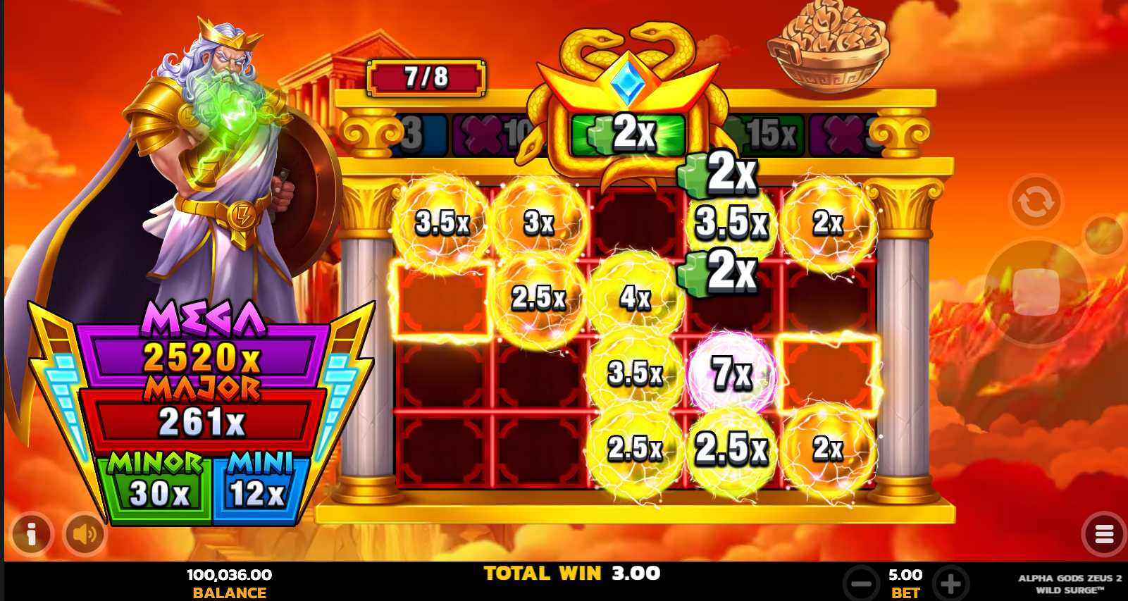 Alpha Gods Zeus 2 Wild Surge UpZones LockNWin hold-and-win feature with Zeustastic Zone active