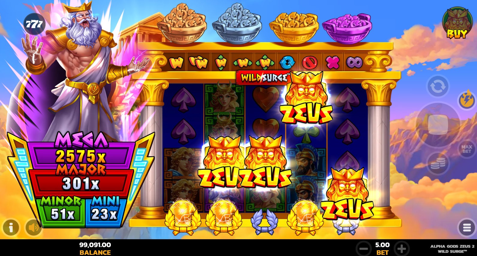 Alpha Gods Zeus 2 Wild Surge scatter symbols triggering the Bonus Choice