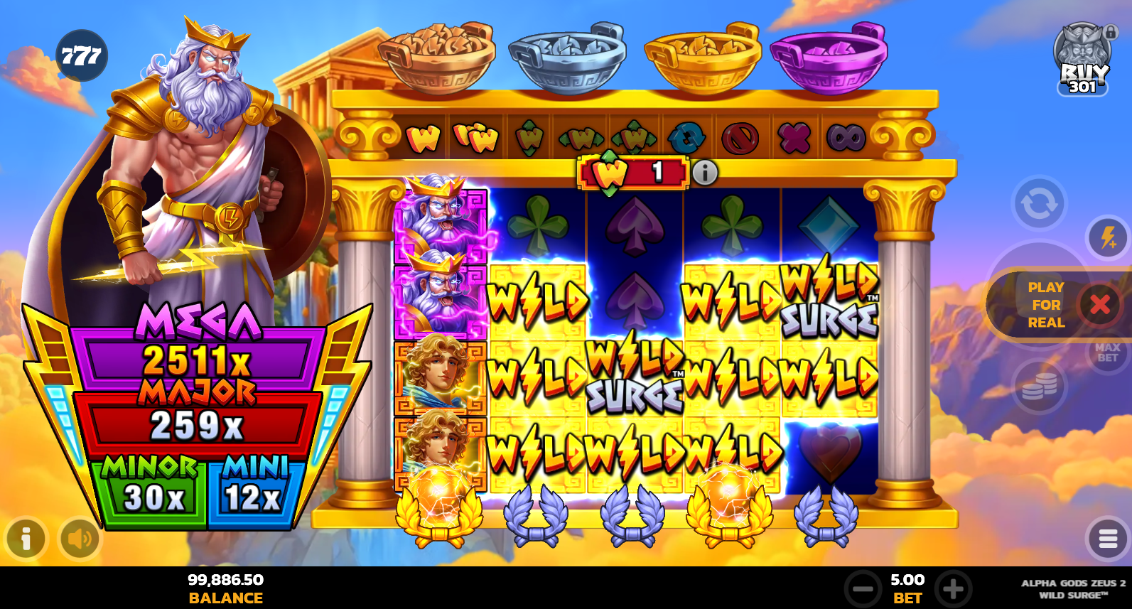 Alpha Gods Zeus 2 Wild Surge showing Wilds and Wild Surge symbols on the reels