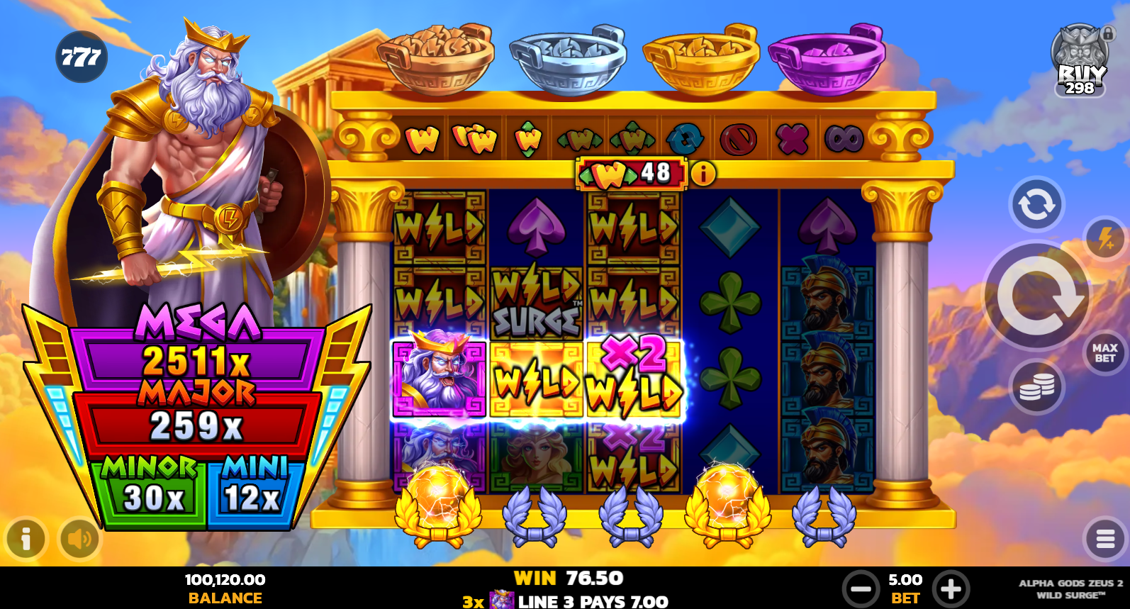Alpha Gods Zeus 2 Wild Surge x2 multiplier wilds activated after the 50-spin Wild Surge milestone