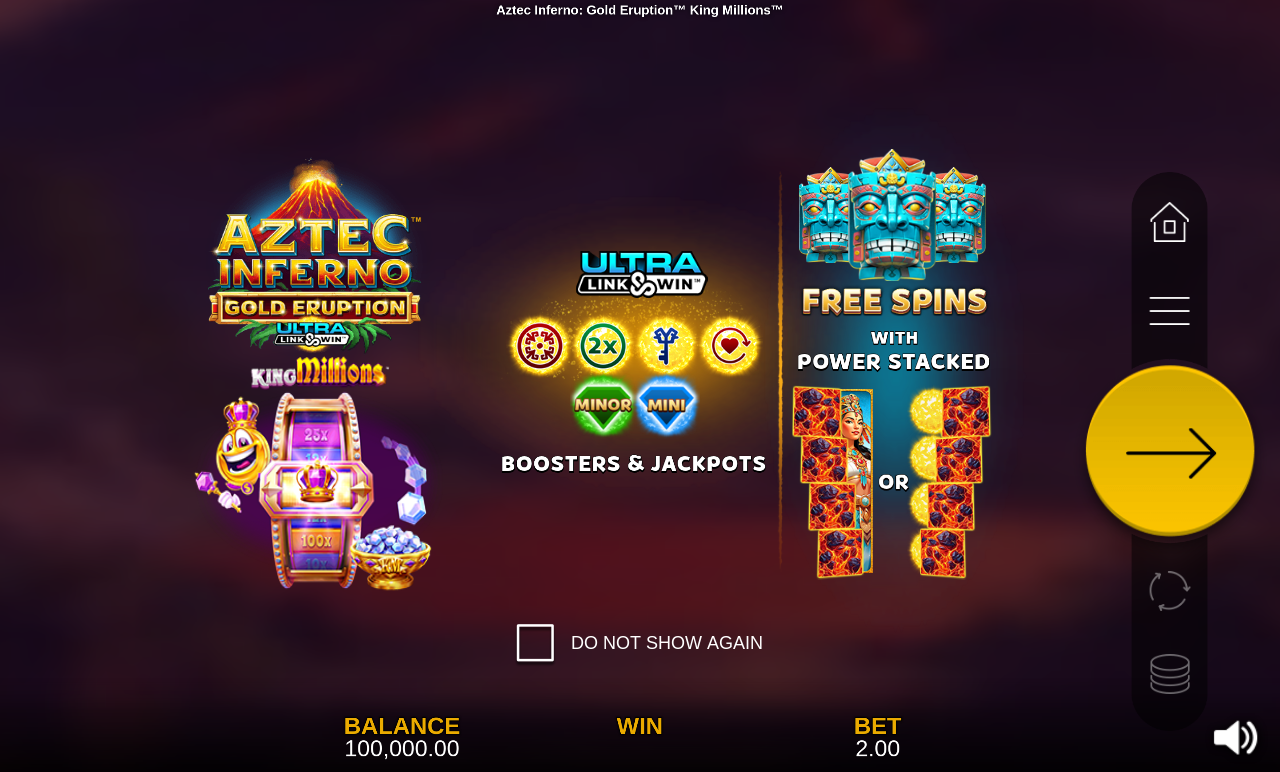 Aztec Inferno: Gold Eruption King Millions information screen