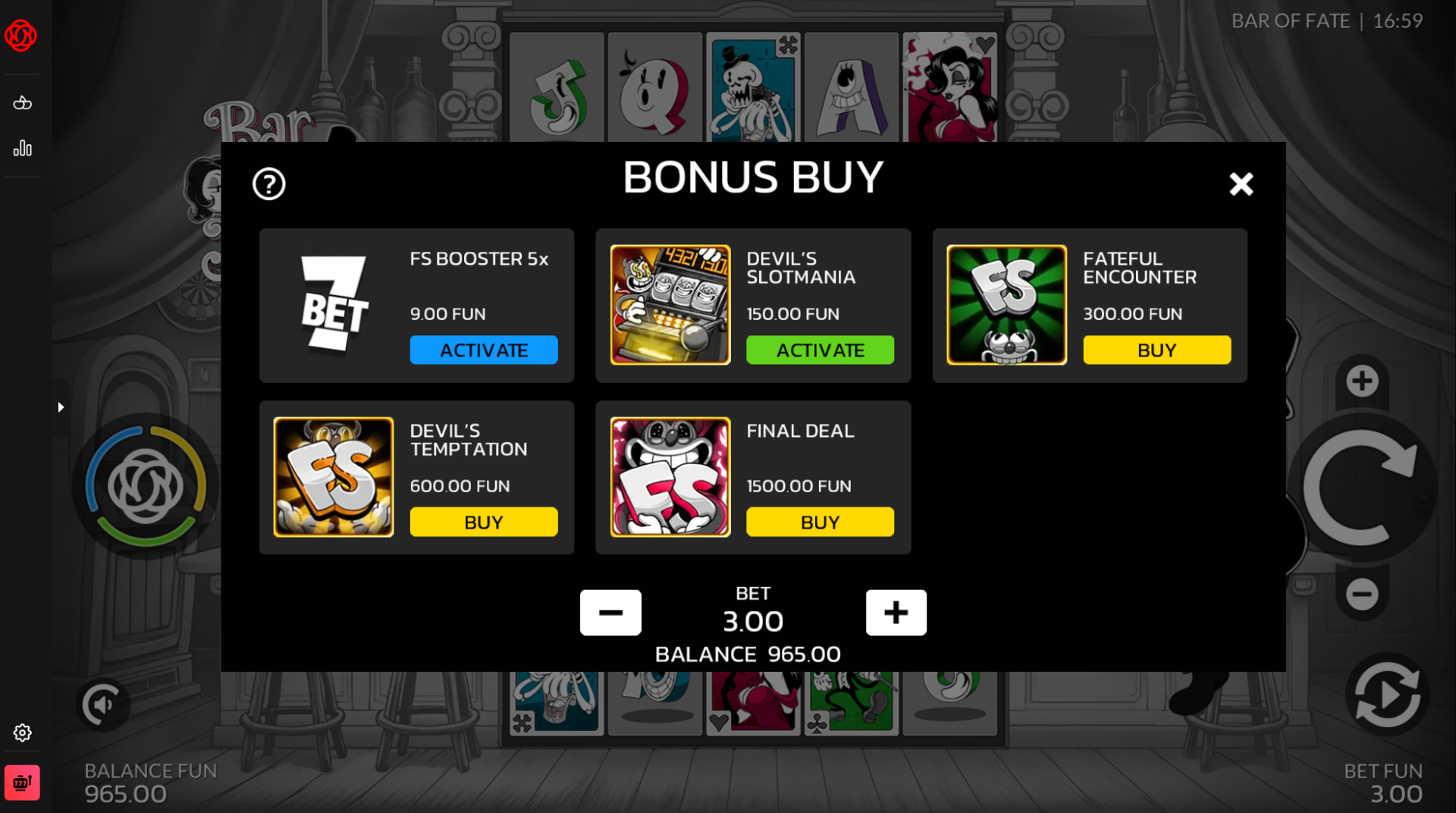 Bar of Fate bonus buy options menu