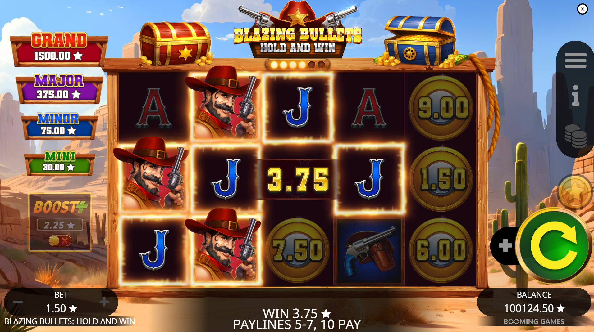 Blazing Bullets Hold and Win - 10 fixed paylines paytable