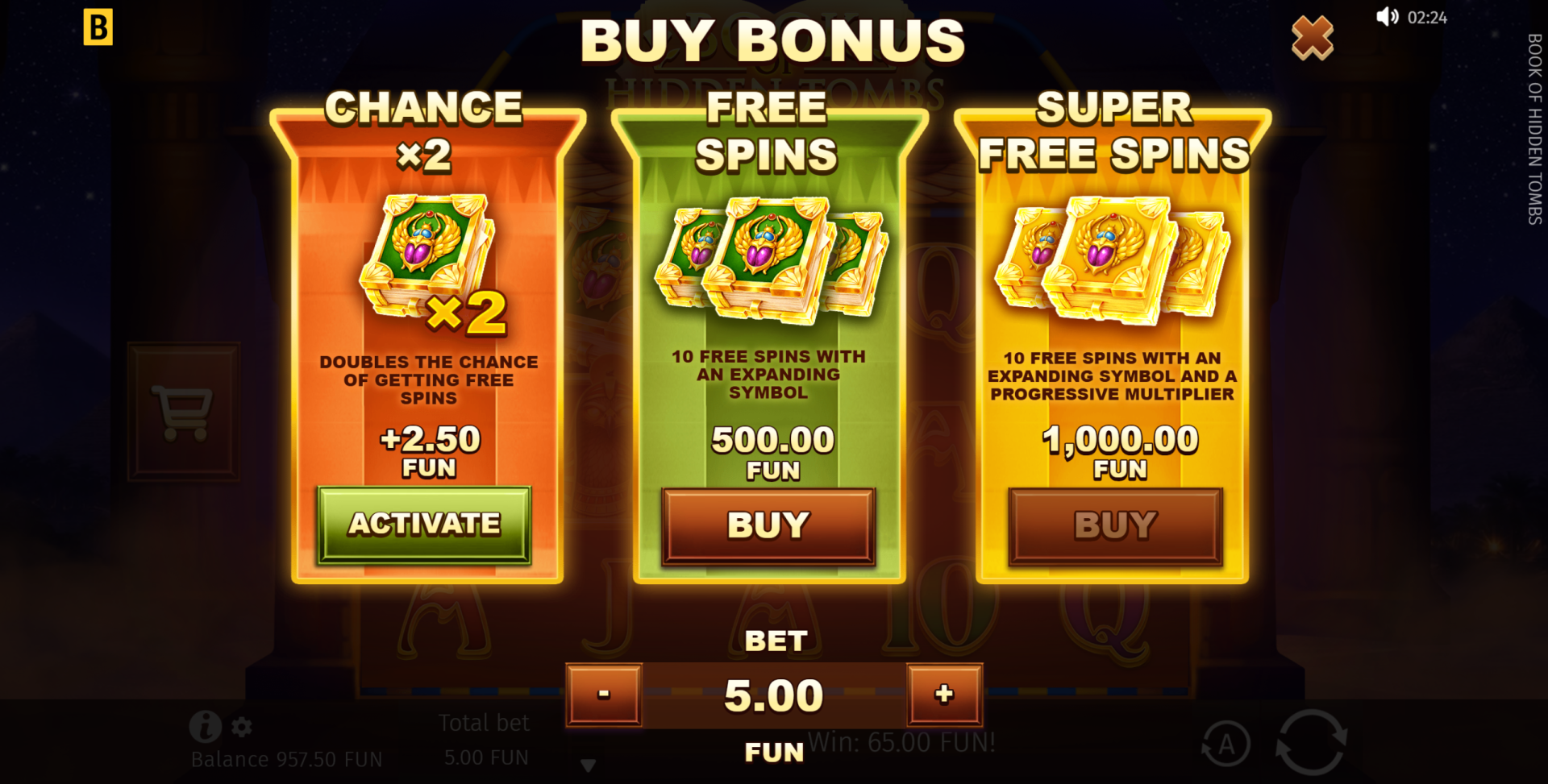 Book of Hidden Tombs bonus buy options screen