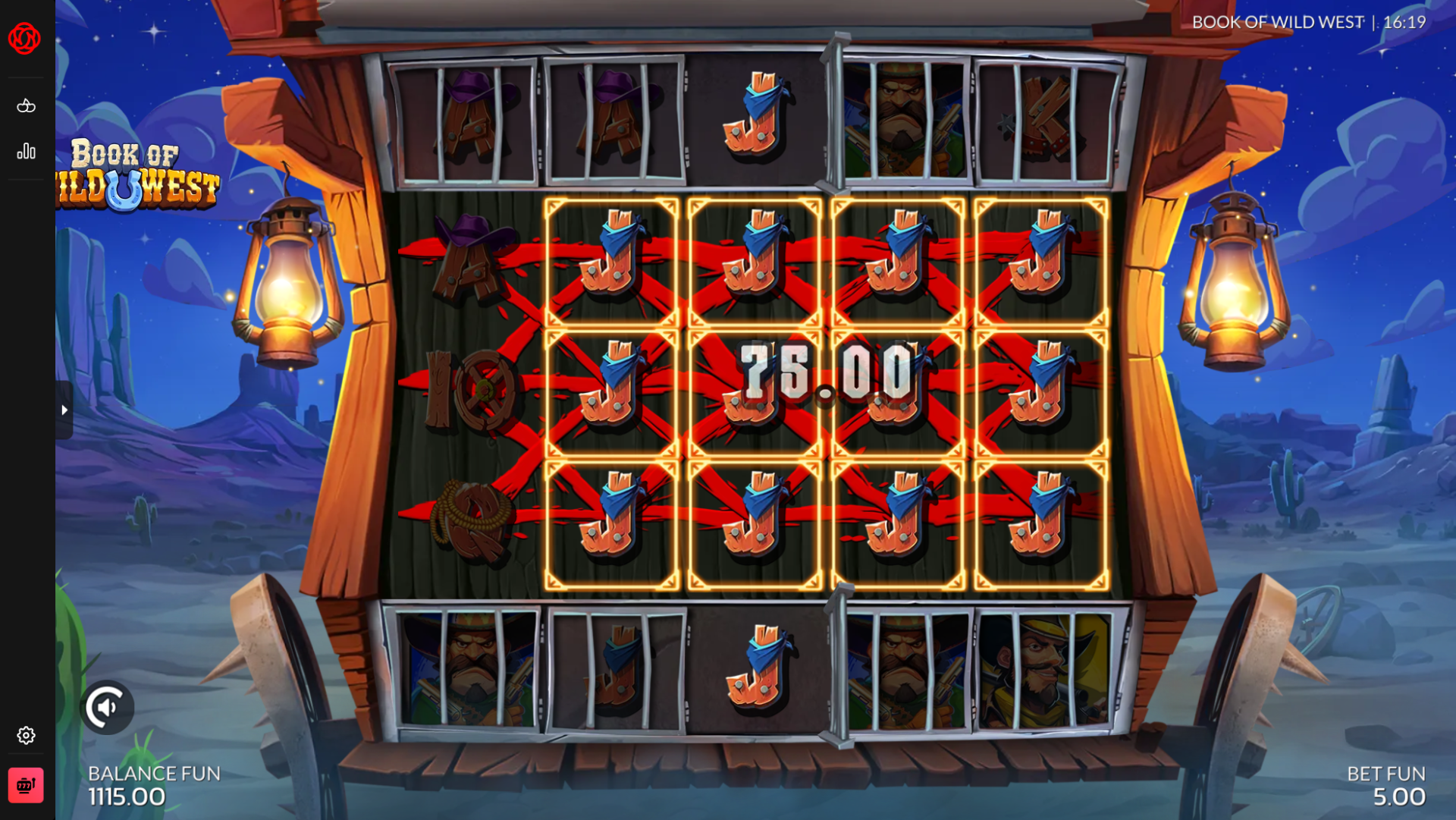 Book of Wild West base game reels showing the 5x3 grid with cowboy character symbols