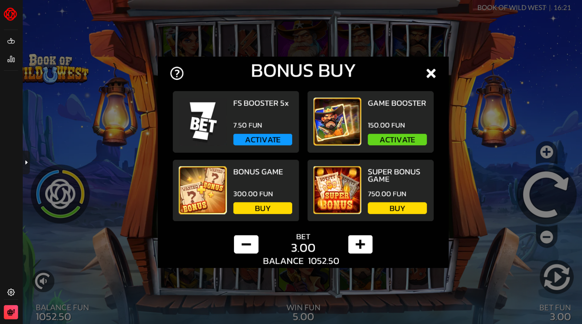 Book of Wild West bonus buy menu showing all 4 purchasable bonus modifiers