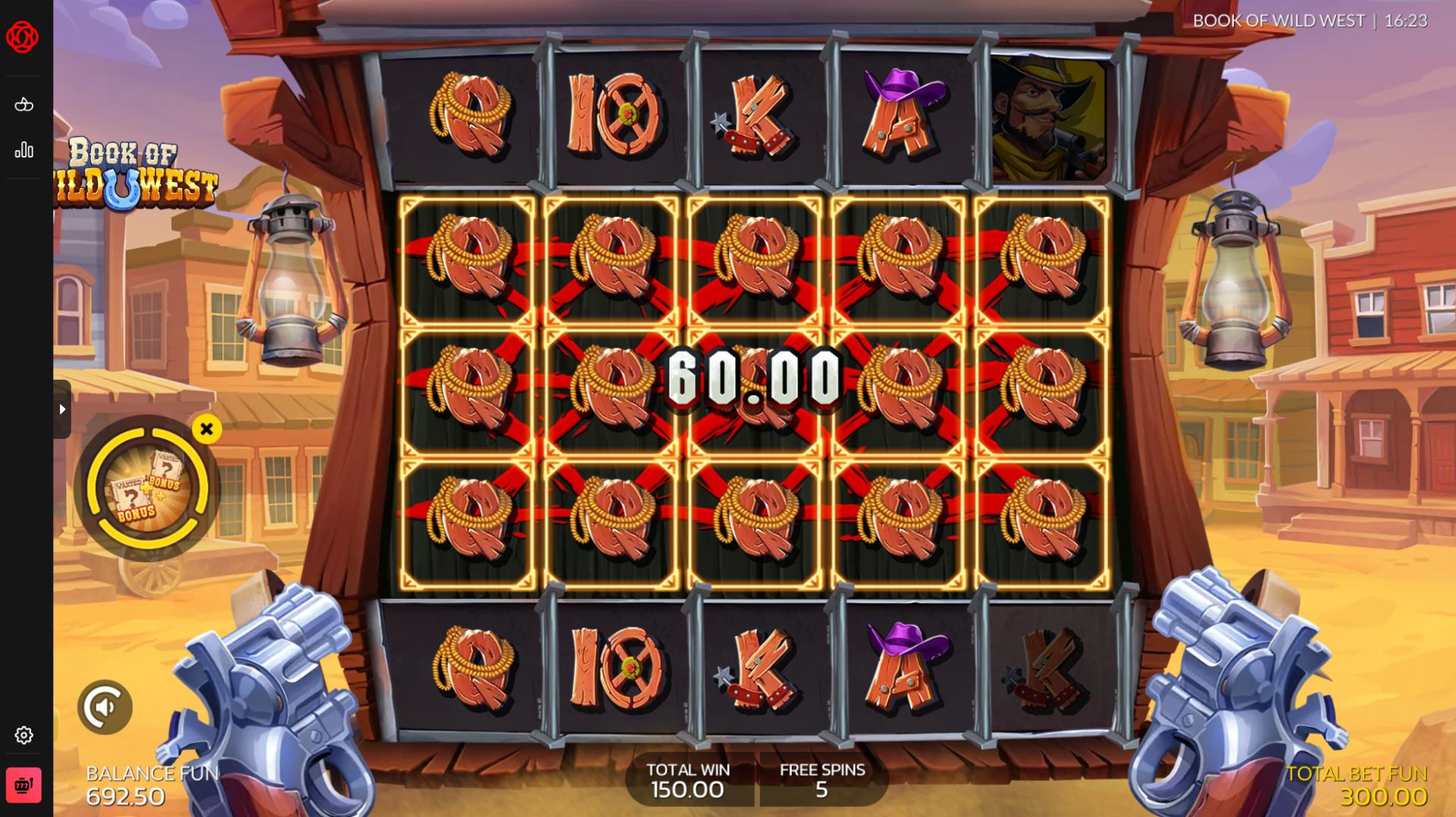 Book of Wild West Bonus Game free spins feature with extra reels active