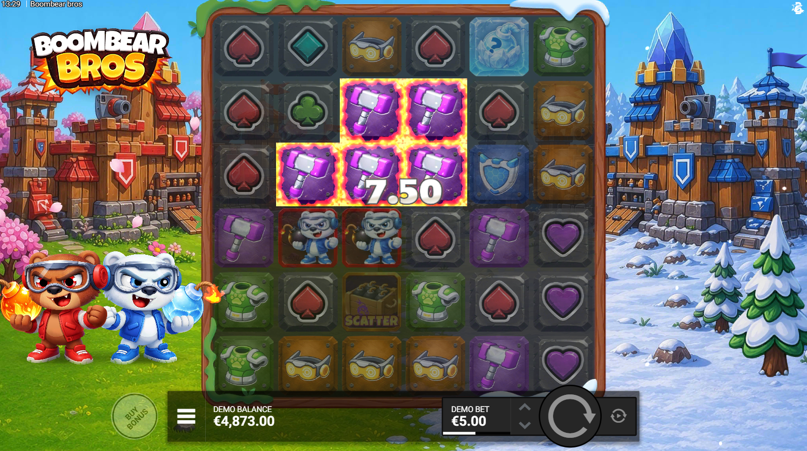 Boombear Bros base game - 6x6 cluster pays grid with Power Bomb symbols