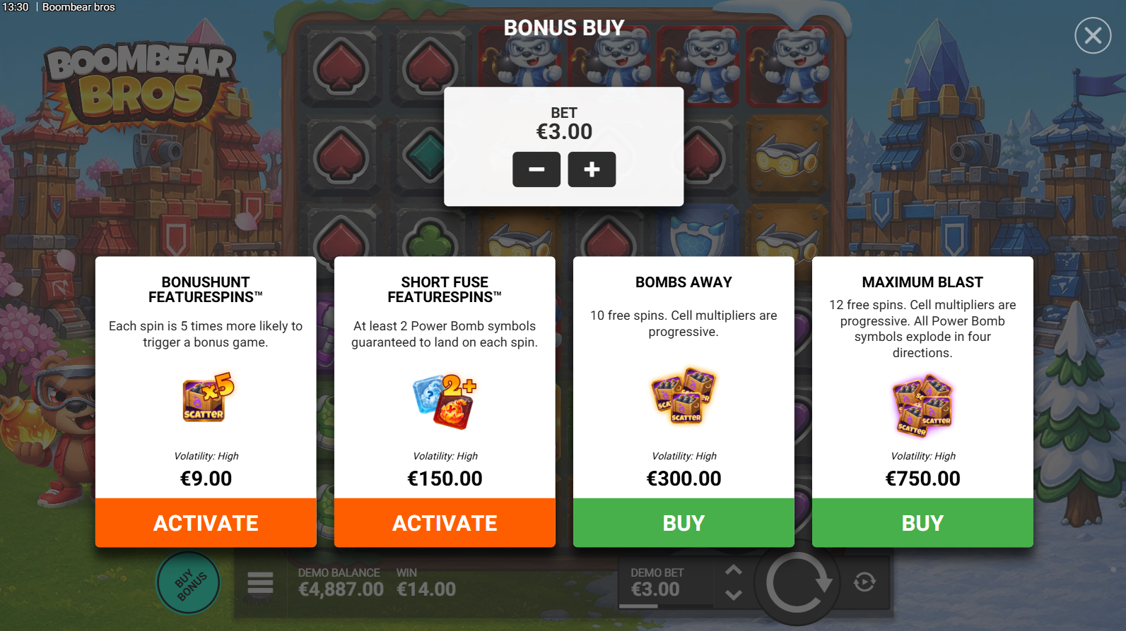 Boombear Bros bonus buy options menu showing four purchase choices
