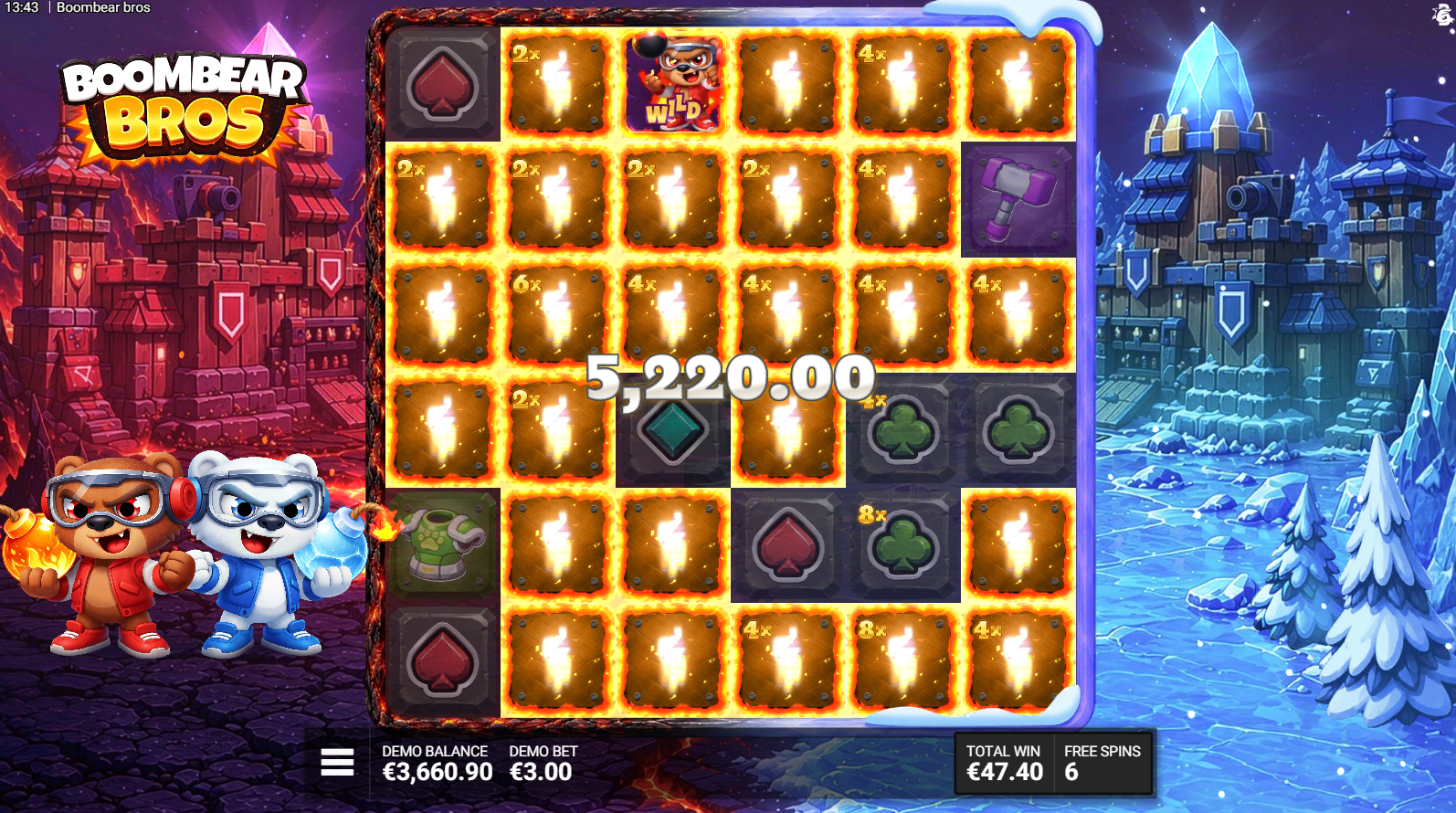 Boombear Bros Maximum Blast bonus feature - bombs exploding in all four directions