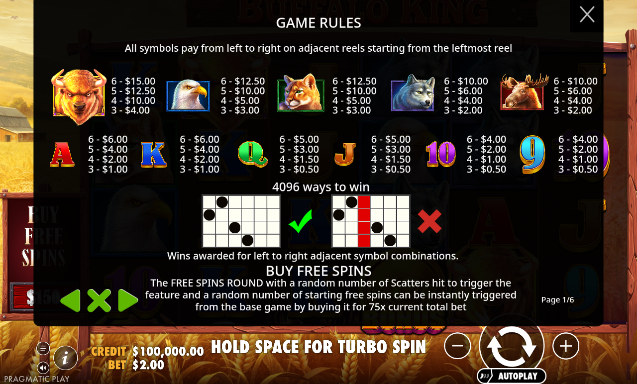 Buffalo King paytable and ways to win