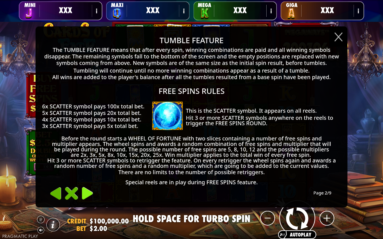 Cards of Fate Megaways - Oranje Jackpot information screen