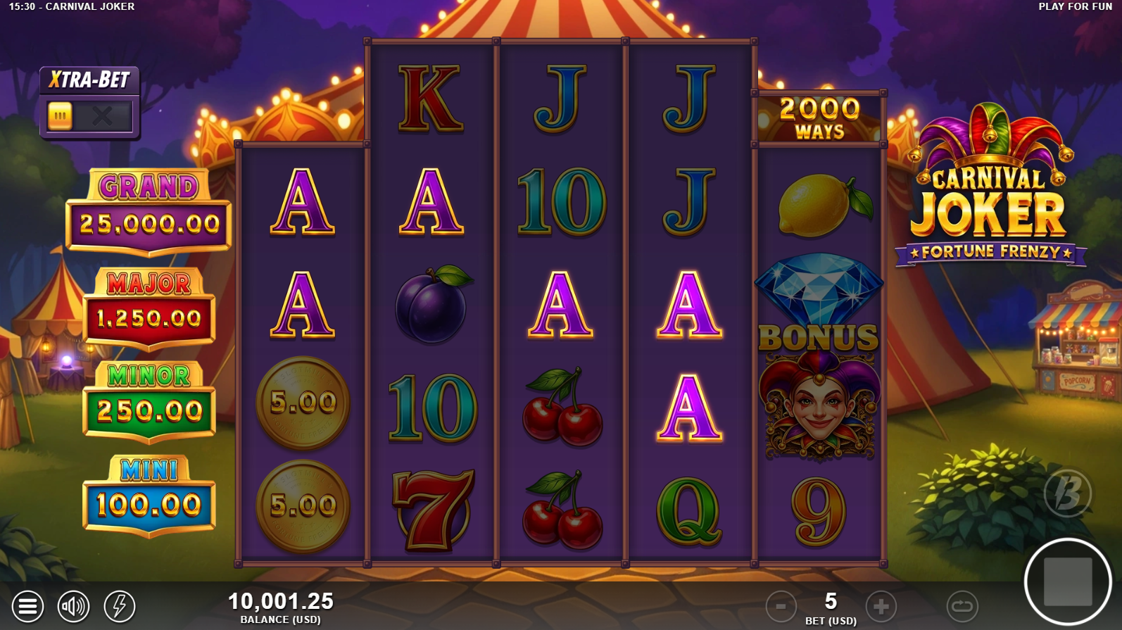 Carnival Joker base game showing the 5-reel 4-5-5-5-4 grid with fruit symbols and Joker
