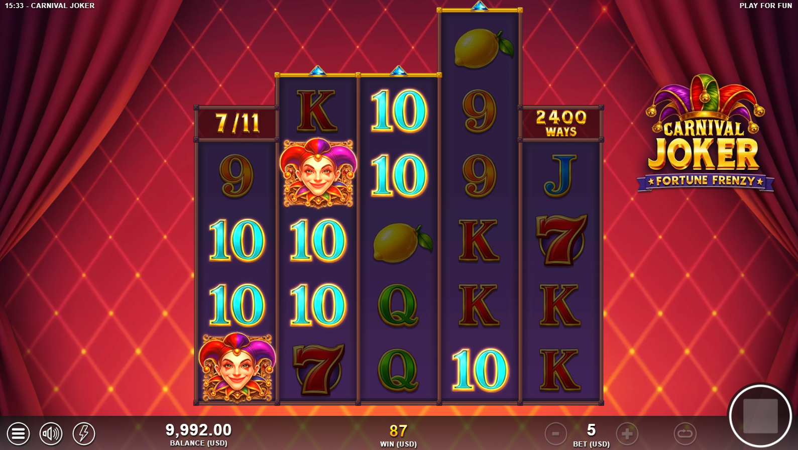 Carnival Joker Free Spins Bonus feature in play with expanded reels