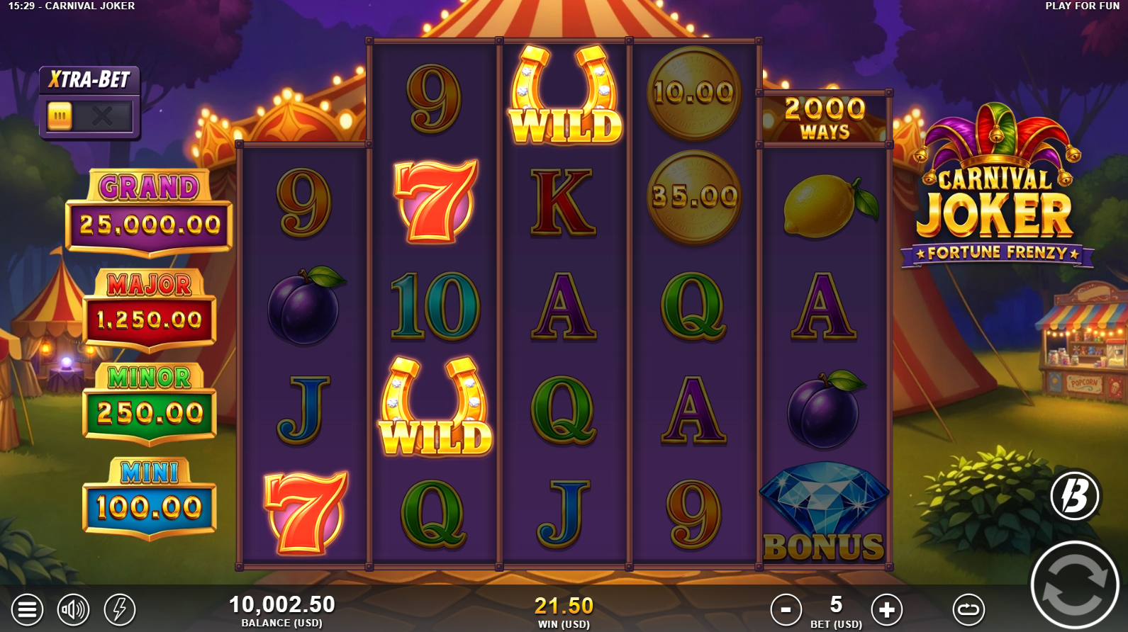 Carnival Joker Wild symbols with multipliers active during Free Spins Bonus