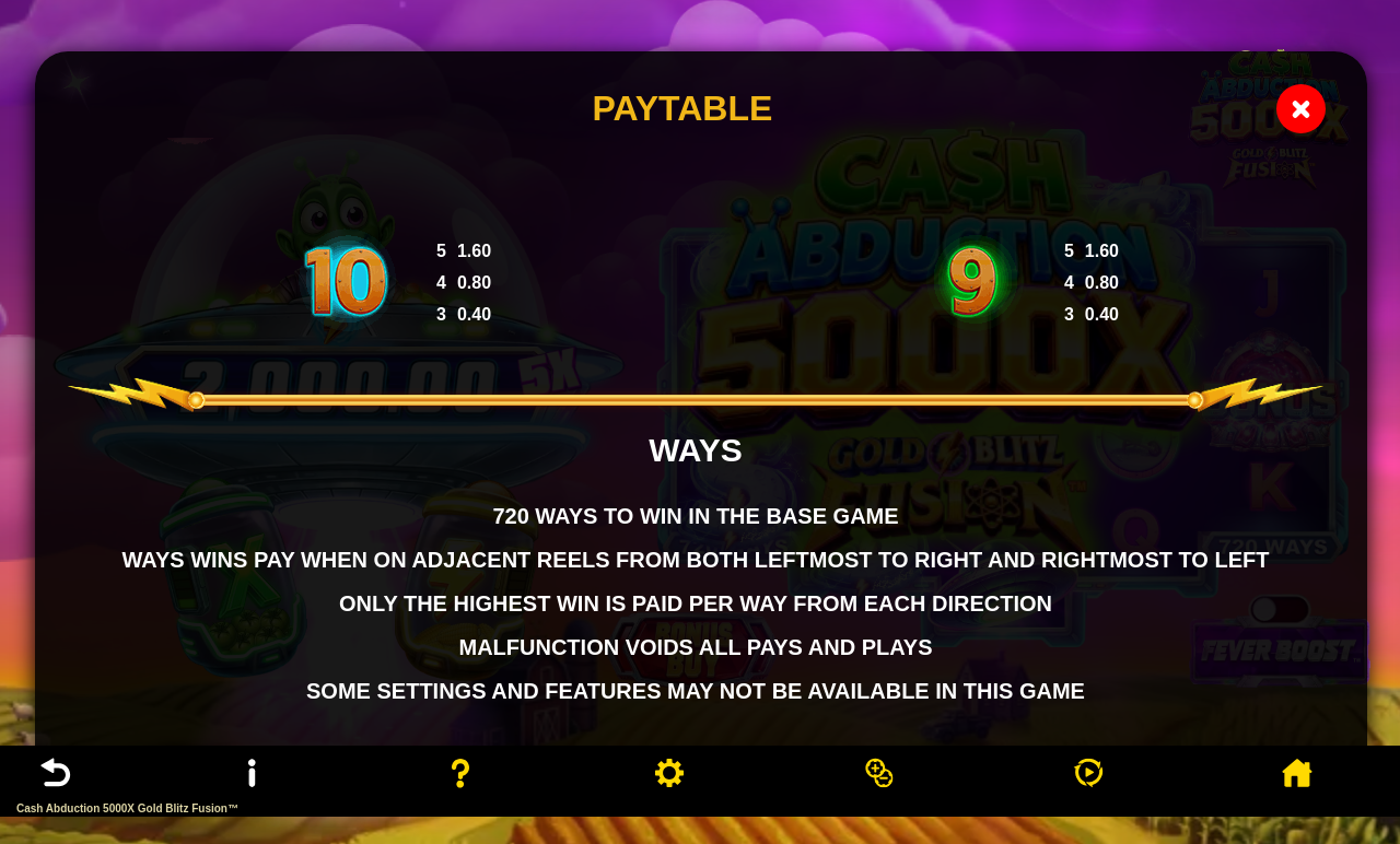 Cash Abduction 5000X Gold Blitz Fusion information screen