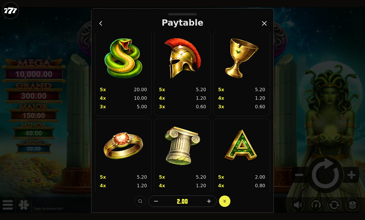 Cash Flip Medusa Gold information screen