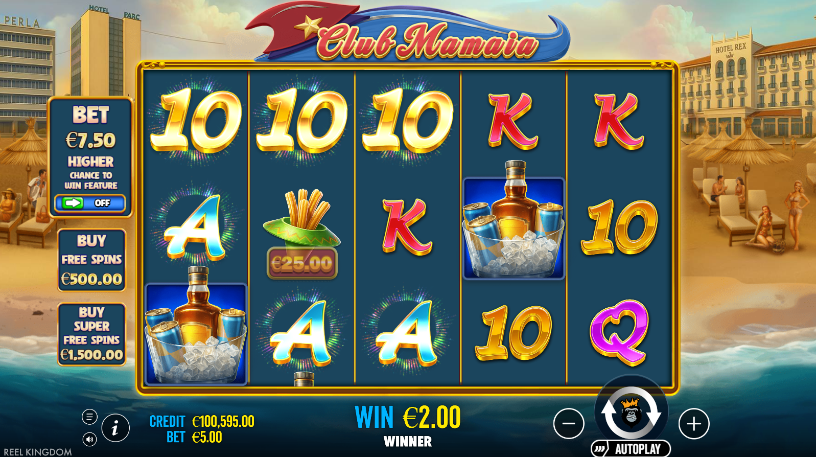 Club Mamaia base game showing the 5-reel grid with beach party theme
