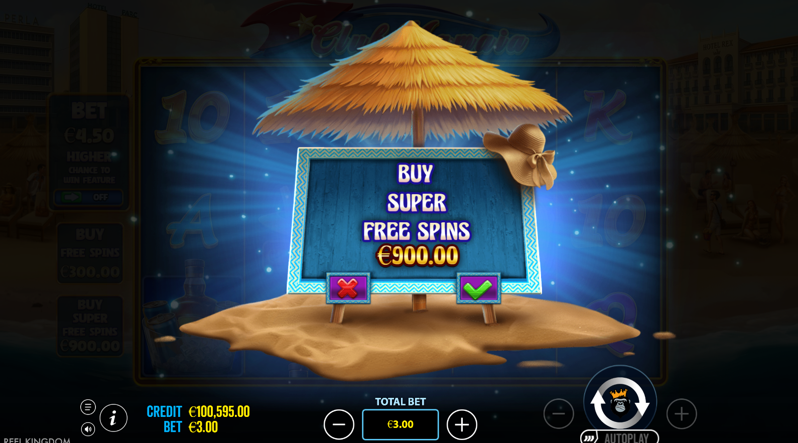 Club Mamaia bonus buy option for Super Free Spins at 300x stake