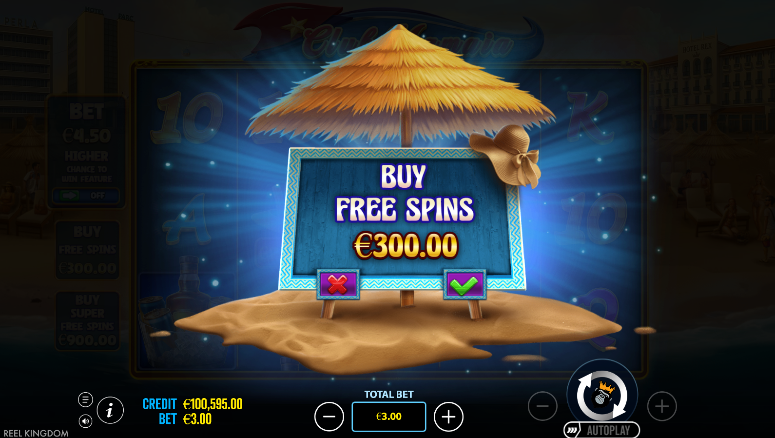 Club Mamaia bonus buy option screen showing 100x Free Spins purchase