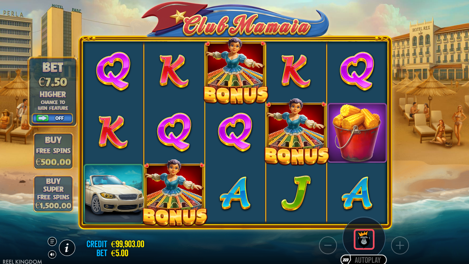 Club Mamaia bonus symbols including the BONUS scatter and Wild Smecheras