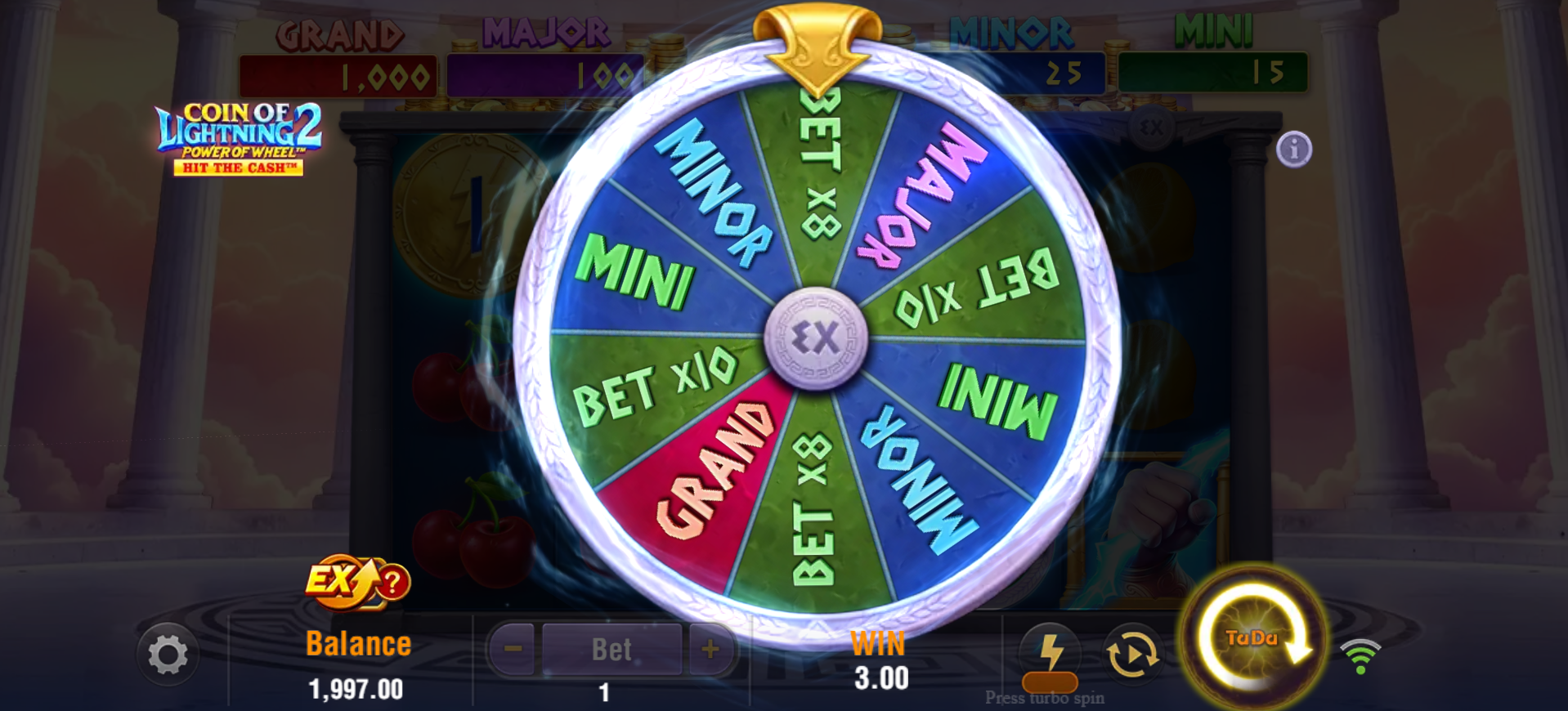 Coin of Lightning 2 POWER OF WHEEL bonus feature with spinning wheel awarding jackpot prizes