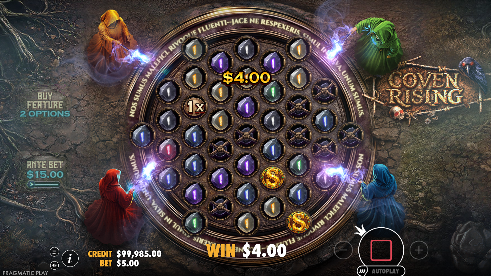 Coven Rising base game showing the irregular nine-reel cluster pays grid