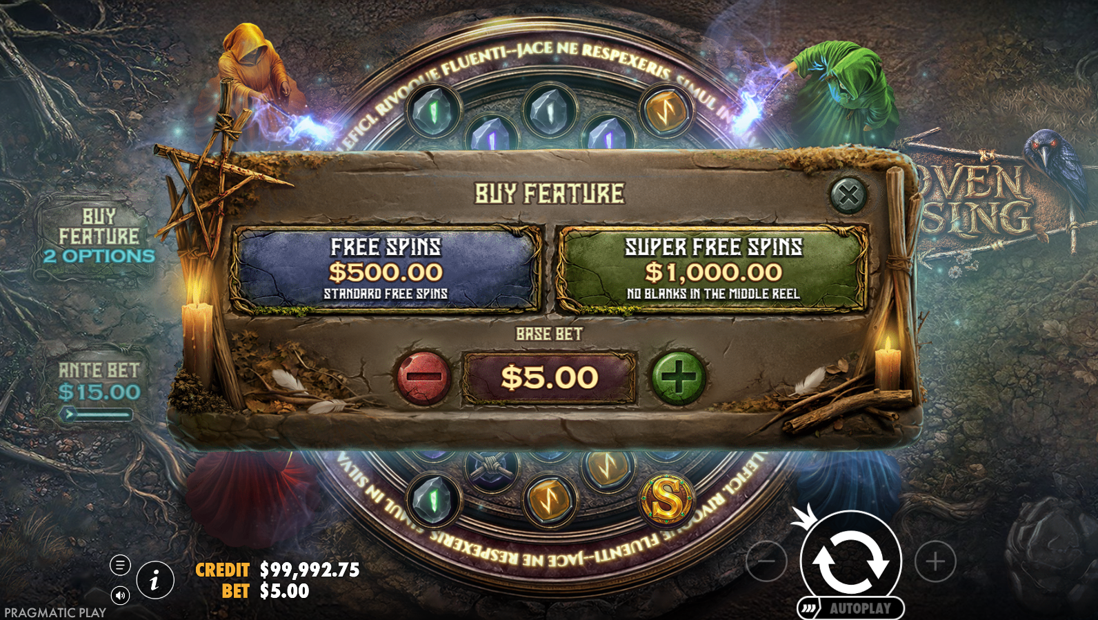Coven Rising bonus buy options showing Free Spins at 100x and Super Free Spins at 200x stake