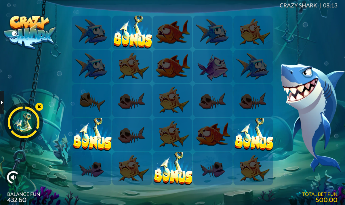 Crazy Shark bonus game trigger with 3 or more scatter symbols