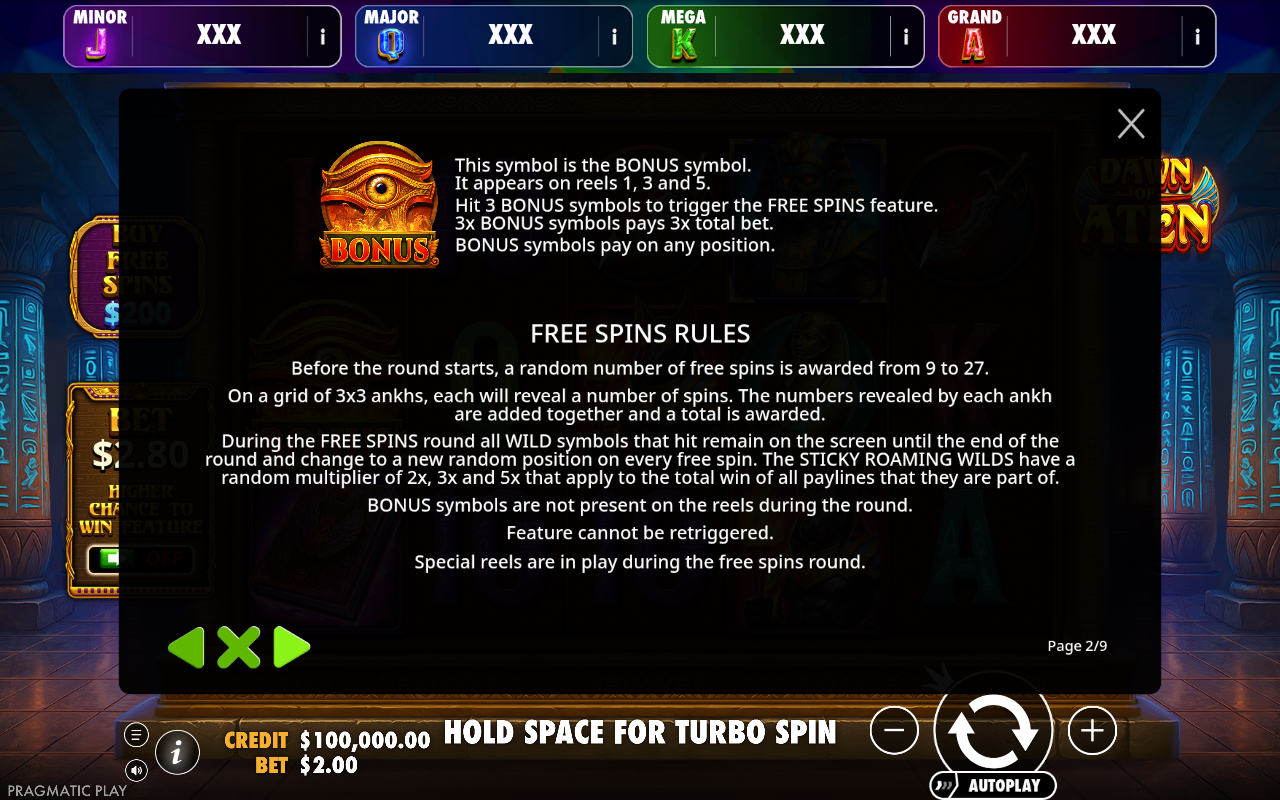 Dawn of Aten - Brasil Jackpot information screen