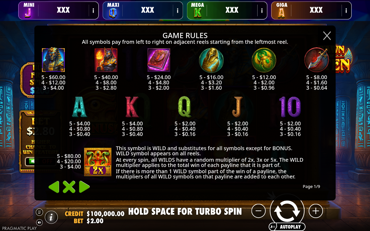 Dawn of Aten - Oranje Jackpot information screen