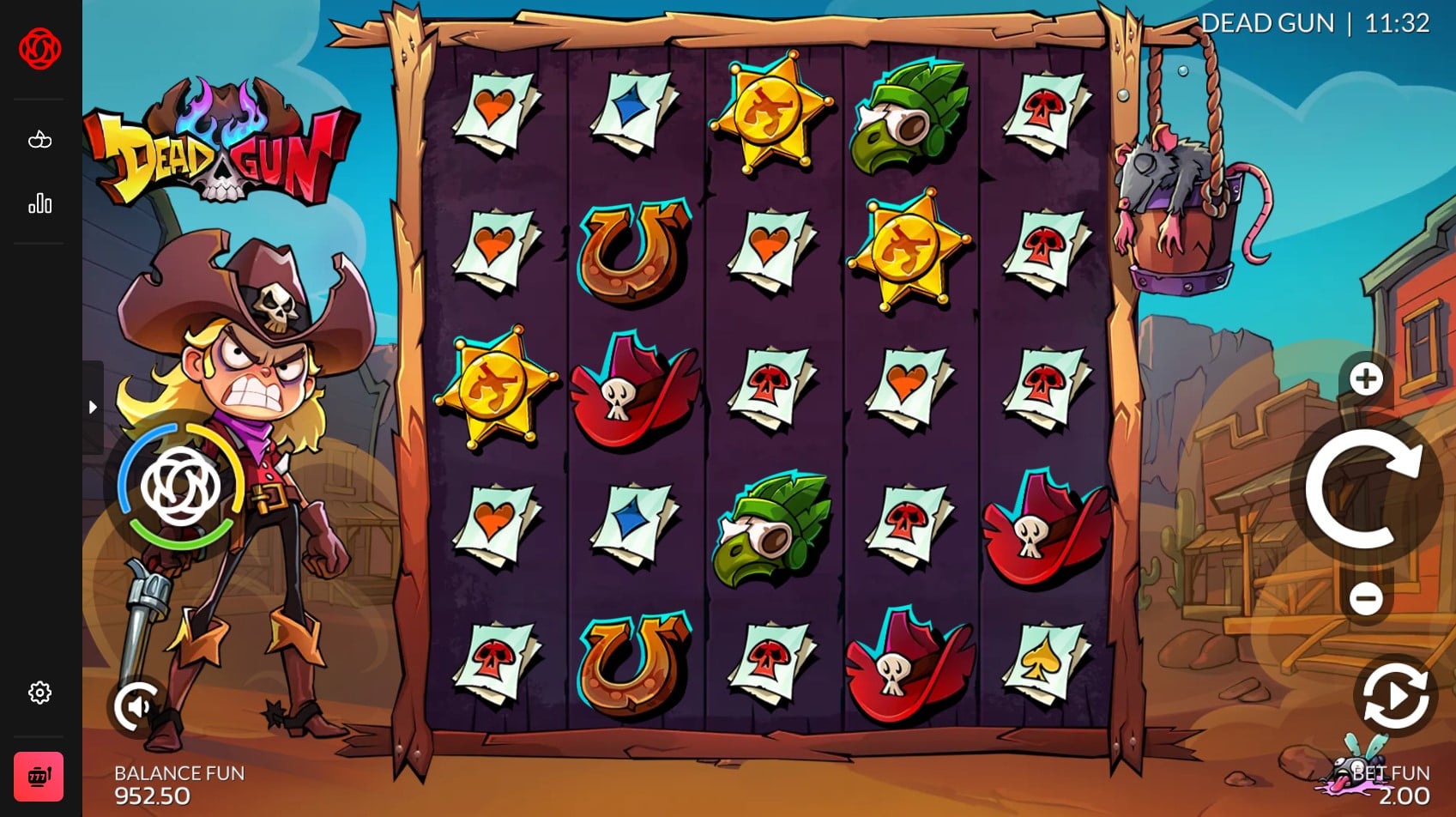 Dead Gun slot base game - 5x5 grid with Revolver mechanic and multiplier Wilds