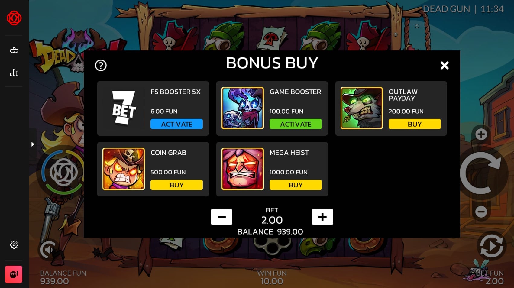 Dead Gun slot bonus buy options screen
