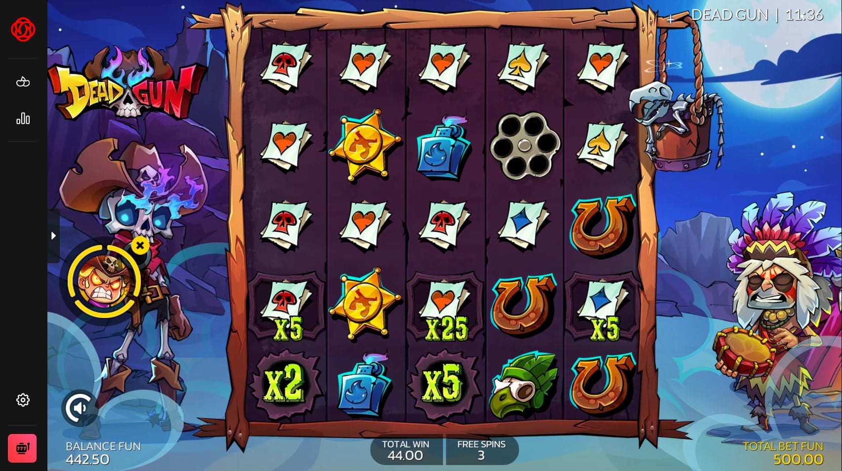 Dead Gun slot bonus game feature with Drum symbol and multiplier Wilds