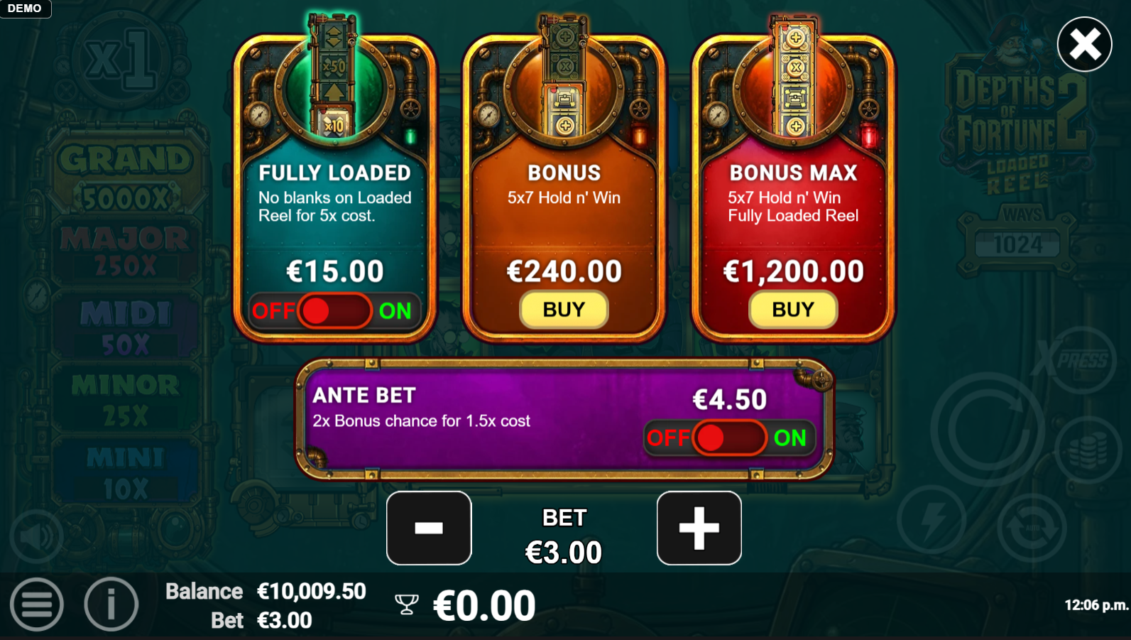 Depths of Fortune 2 bonus buy options menu