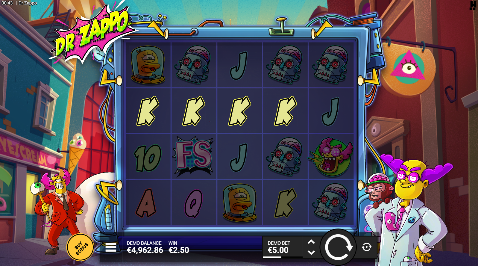 Dr Zappo base game screen showing the 5x4 grid with Electric City theme