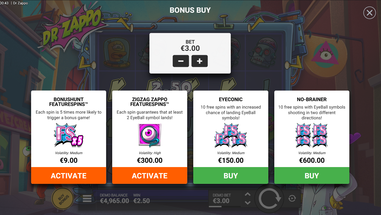 Dr Zappo bonus buy options menu showing FeatureSpins choices