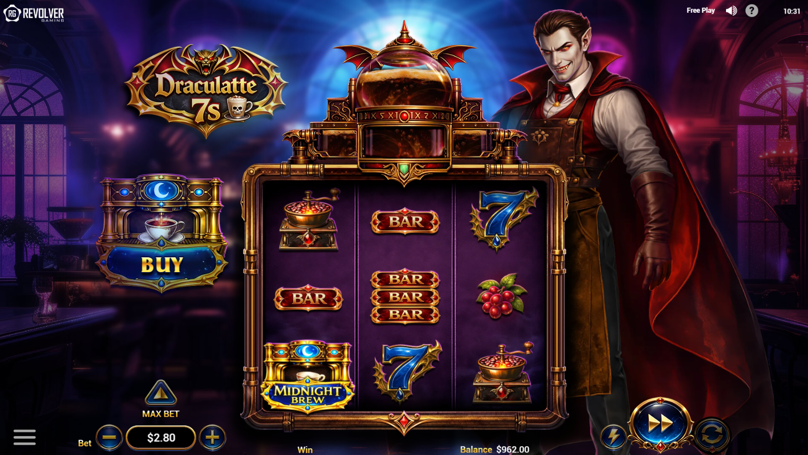 Draculatte 7s base game showing 3x3 reel layout