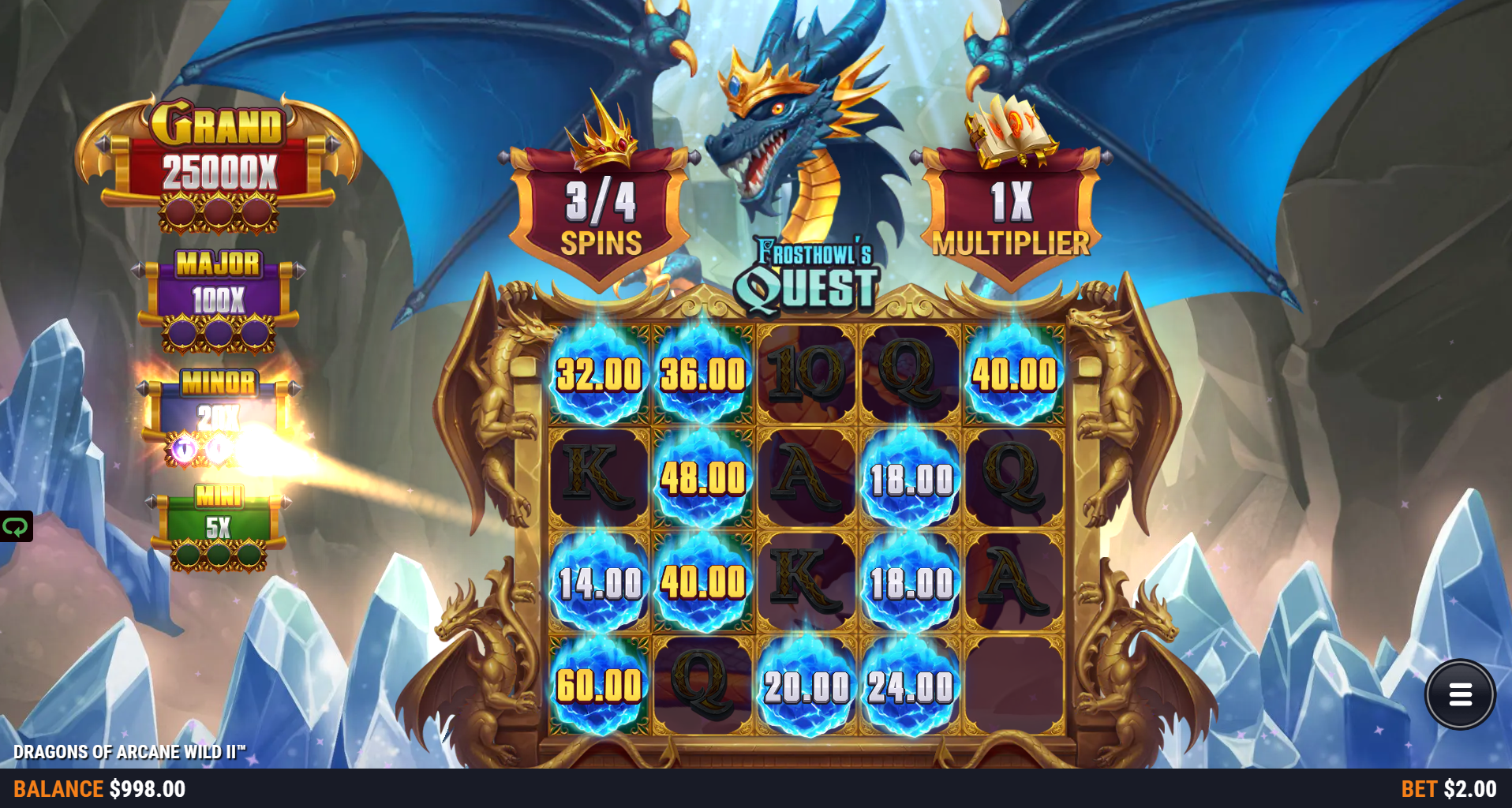 Dragons Of Arcane Wild 2 bonus game play showing held Wisp symbols and multipliers