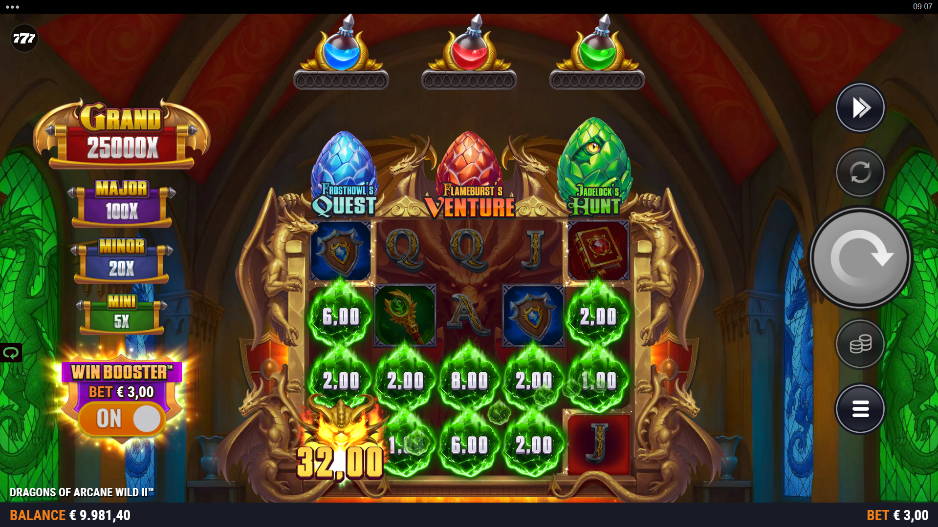 Dragons Of Arcane Wild 2 Collect feature triggering with Collect symbol in corner collecting all Wisp values