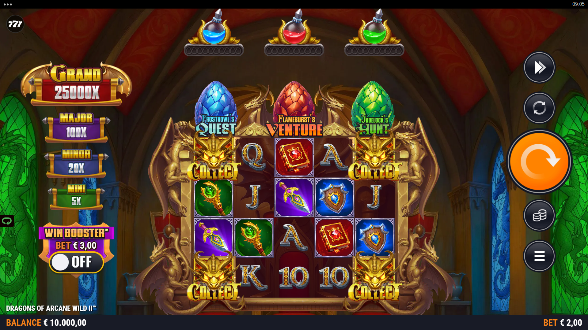 Dragons Of Arcane Wild 2 base game play on 5x4 grid with Wisp symbols and paylines