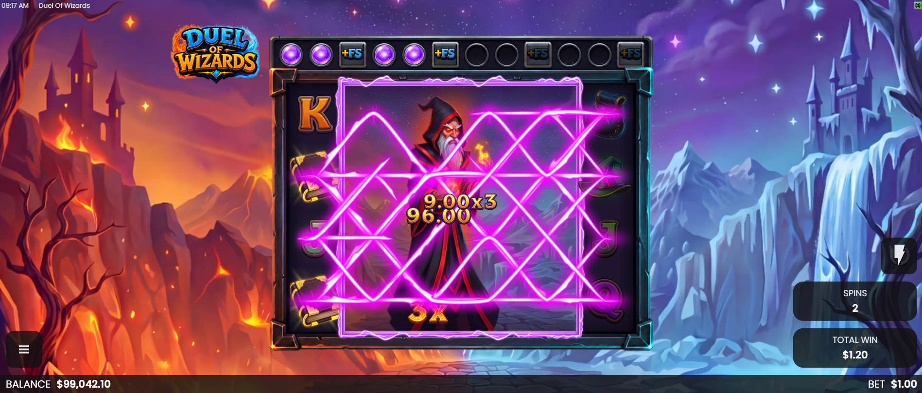 Duel of Wizards Free Spins play with Magic Frame active