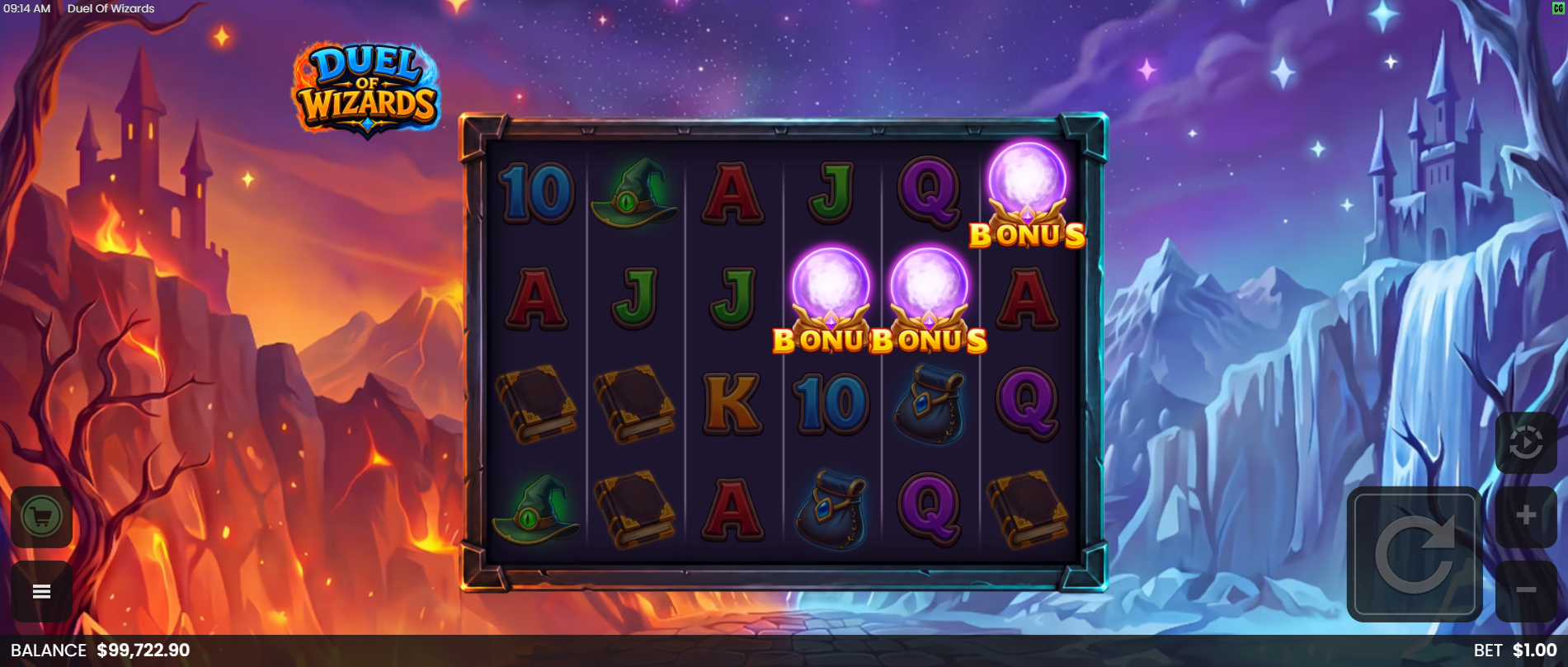 Duel of Wizards Free Spins trigger - 3 Bonus symbols activating Arcane Clash
