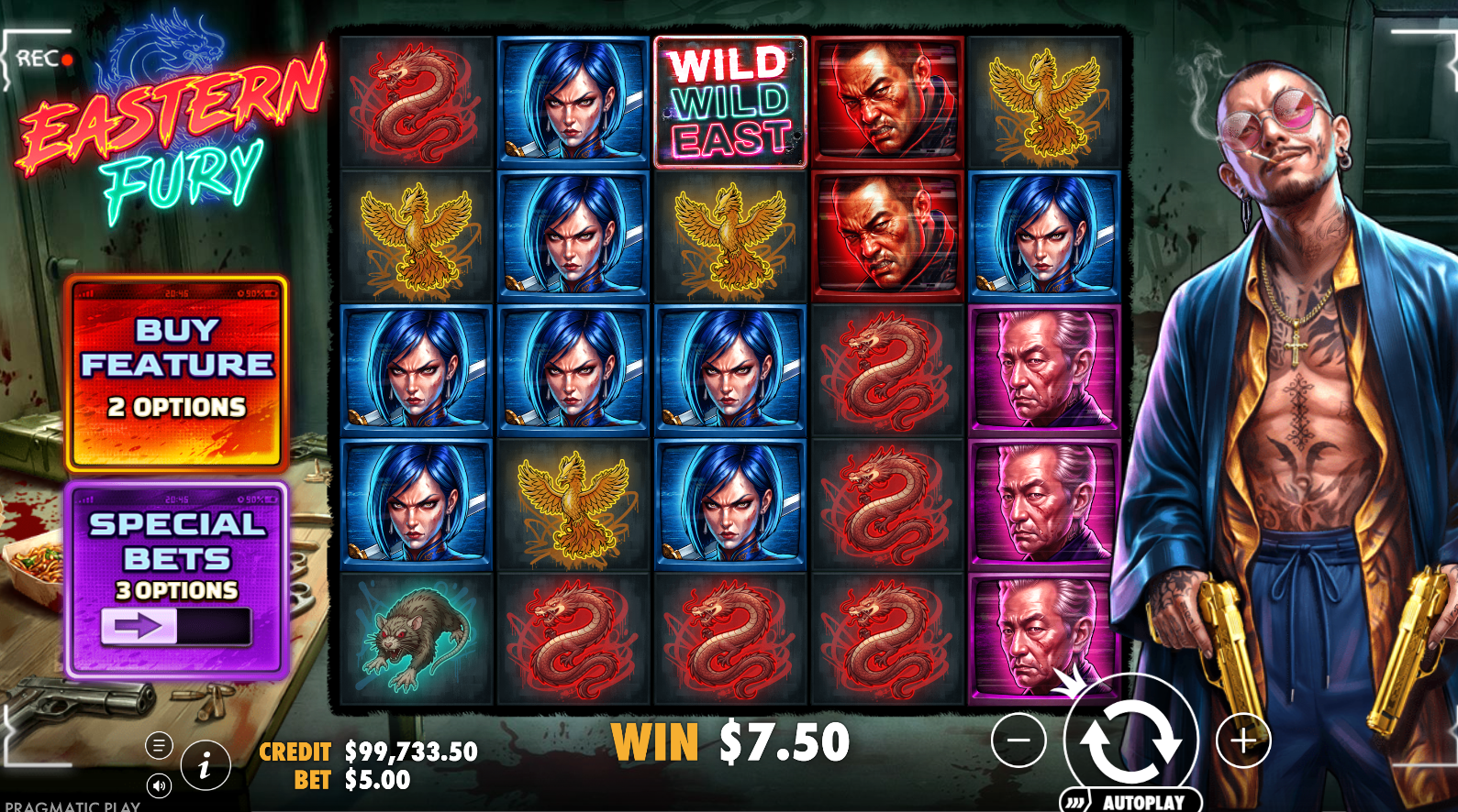 Eastern Fury slot base game reels showing 5x5 grid with high and low symbols