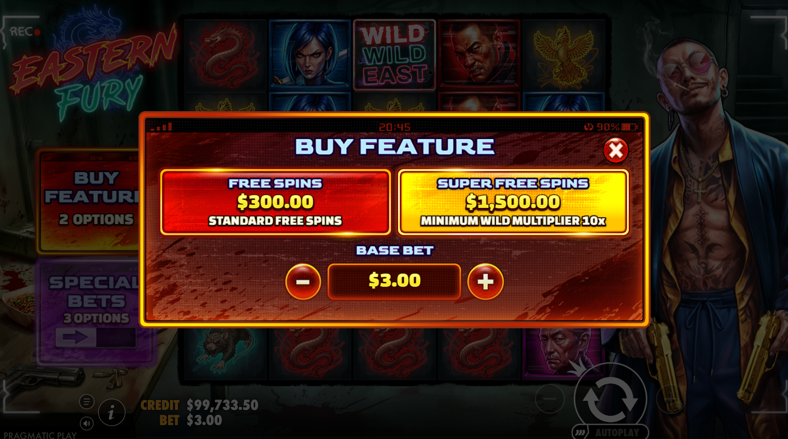 Eastern Fury slot Bonus Buy options screen showing Buy Free Spins at 100x and Buy Super Free Spins at 500x