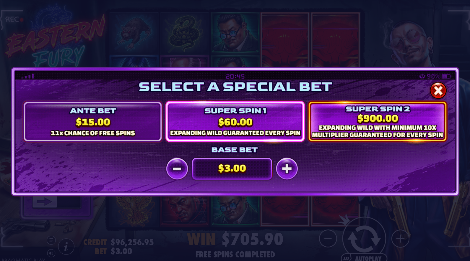 Eastern Fury slot Special Bets menu showing Super Spin 2, Super Spin 1, Ante Bet and Normal Play options
