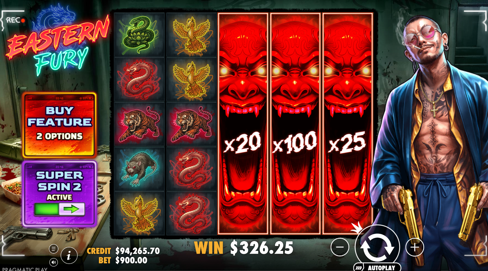 Eastern Fury slot Super Spin 3 feature with guaranteed Expanding Wild on reel 5